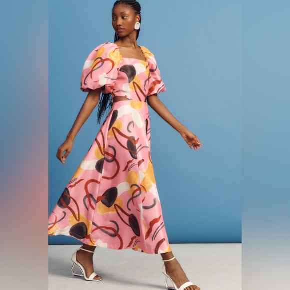 ✨ Anthropologie Printed Puff-Sleeve Cutout Dress Sz S - Picture 2 of 6